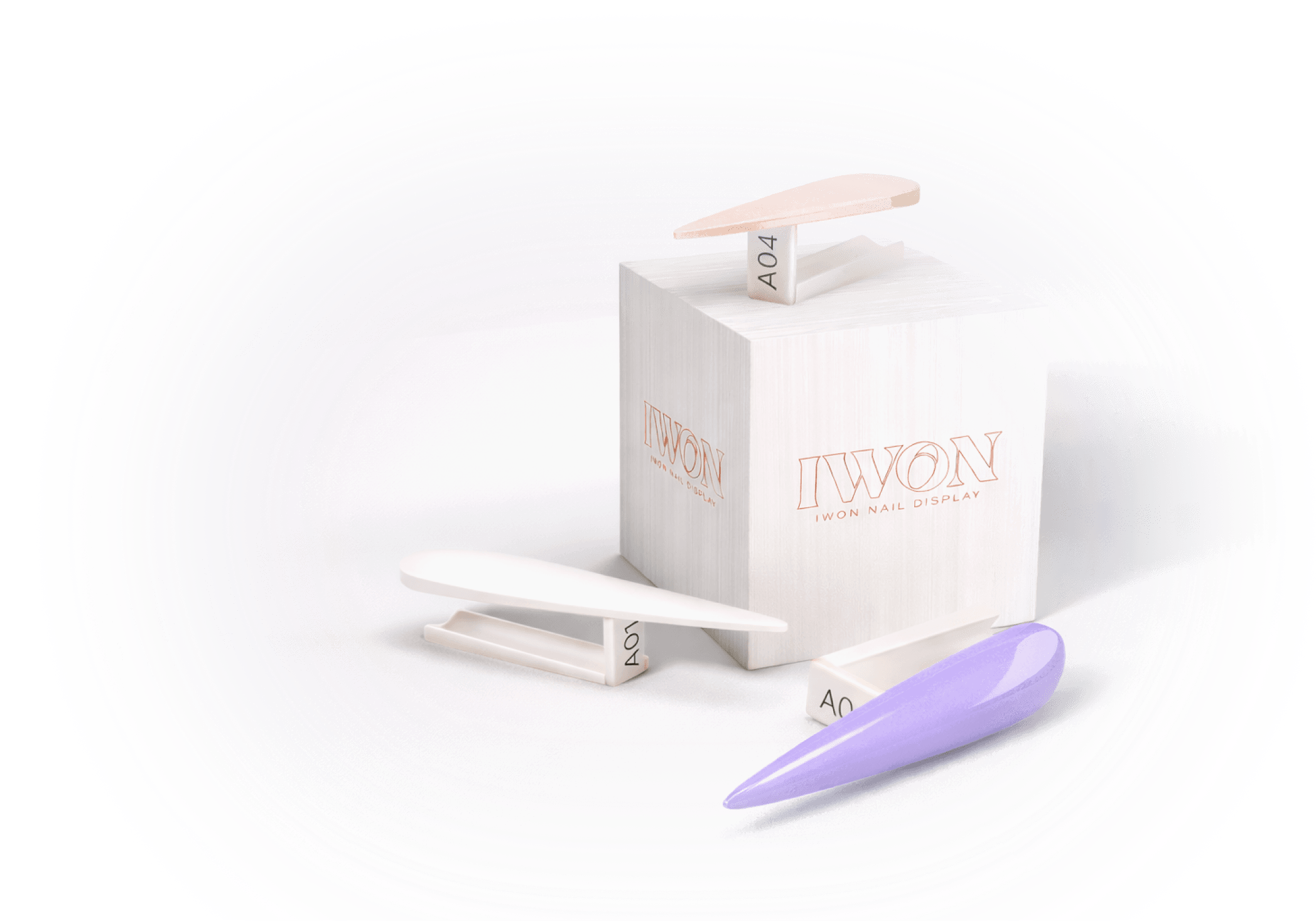 Colorful nail polishes in various shades displayed on a box with the Iwon brand logo
